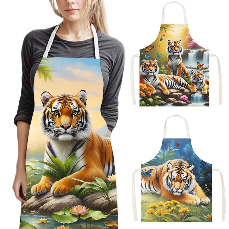3Dプリント油絵ホワイトタイガーキッチンエプロン女性男性ベーキングホームクリーニング衣類ツールシェフウェイタークッキングピナフォアギフト