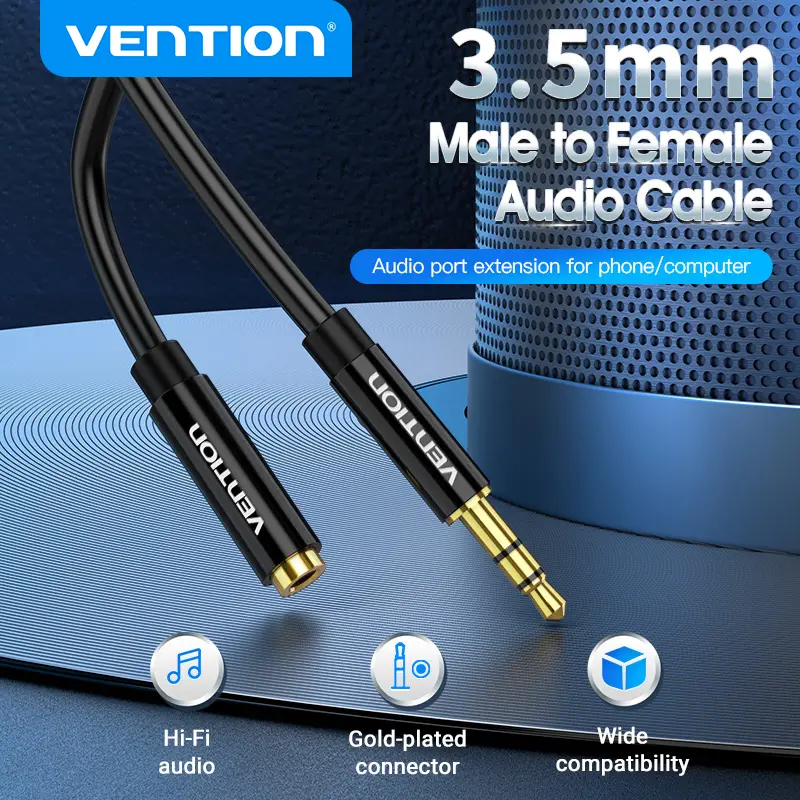 كابل تمديد Vention 3.5MM ذكر إلى أنثى كابل AUX 3.5 للسيارة والكمبيوتر المحمول وMini PC وتلفزيون ستيريو صوت سماعة الرأس ومكبر الصوت