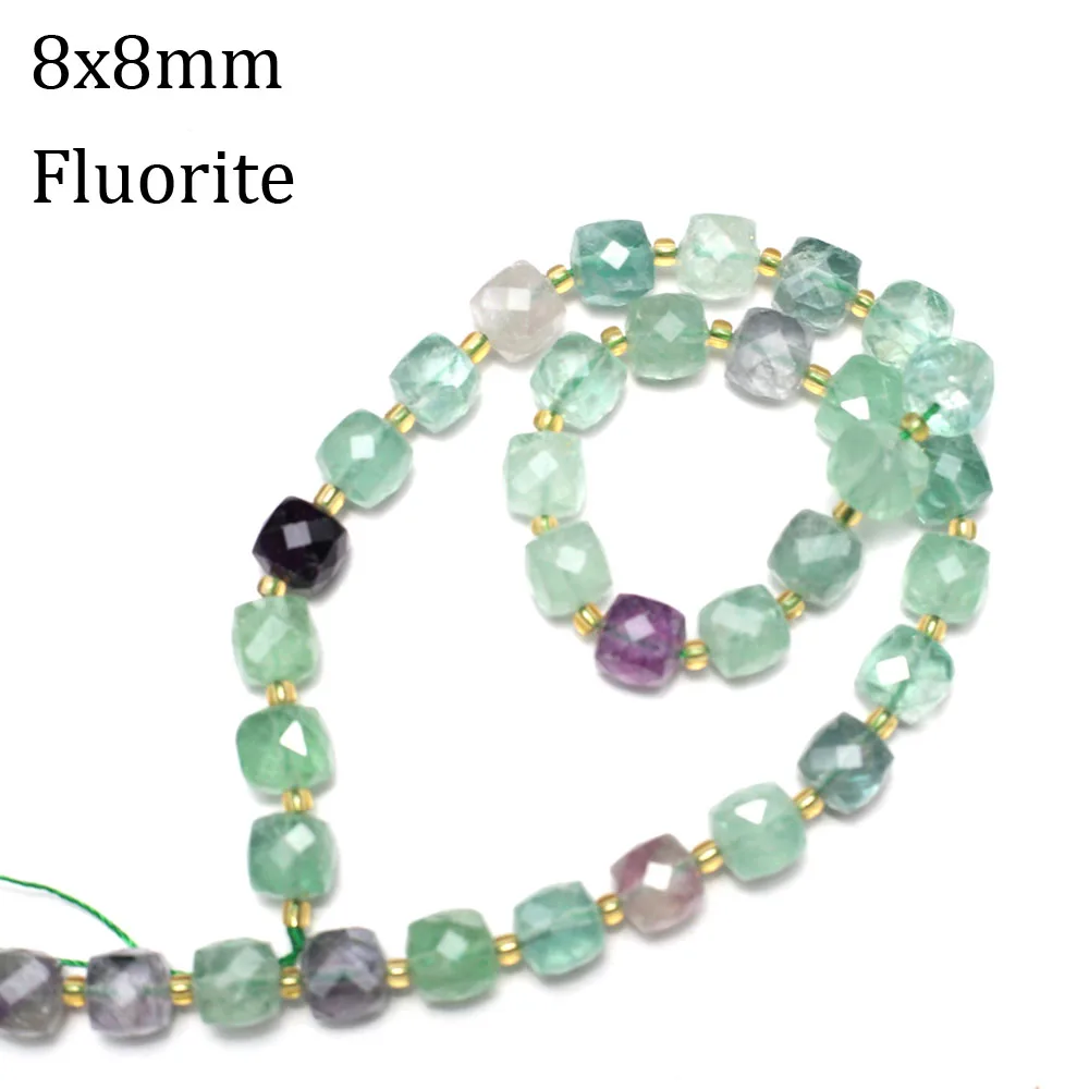 8x8mm Fluorite Natural Stone Square Faceted Loose Spacer Beads for Jewelry Making Supplies DIY Necklace Bracelet Accessory 38cm