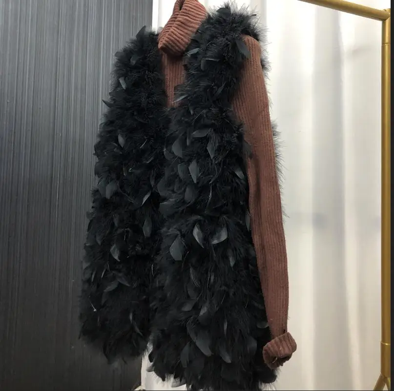 100% Real Ostrich Feather Vest Sleeveless Turkey Hook Eye Fastening Fur Gilet Silk Lining Women Winter Warm Outwear