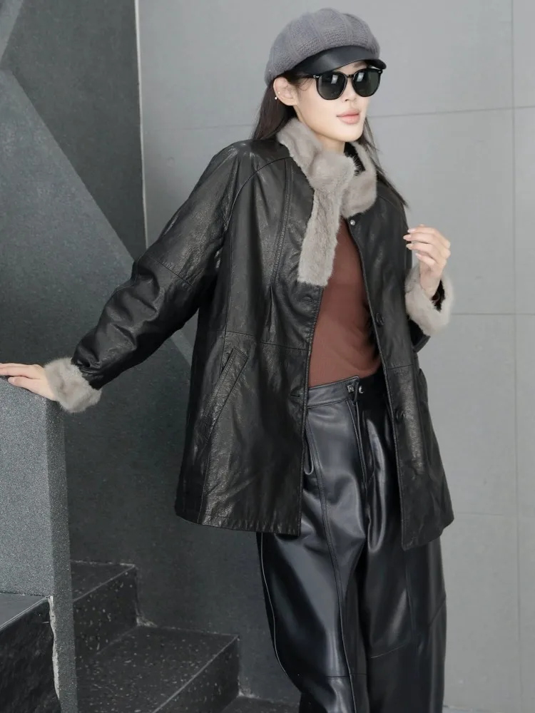 High-quality Womens Winter Warm Cowhide Goose Down Jacket Ladies Black Genuine Leather Down Coat Casual Mink Fur Collar Jackets
