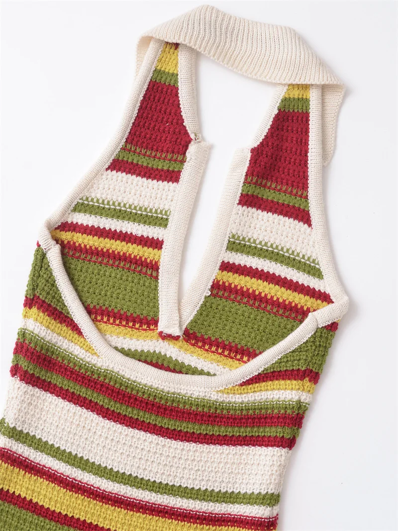 여성 패션 2025 다채로운 줄무늬 옷깃 짧은 드레스 여성 레트로 폴로 셔츠 스타일 홀터넥 넥 슬림 여성 미니 드레스