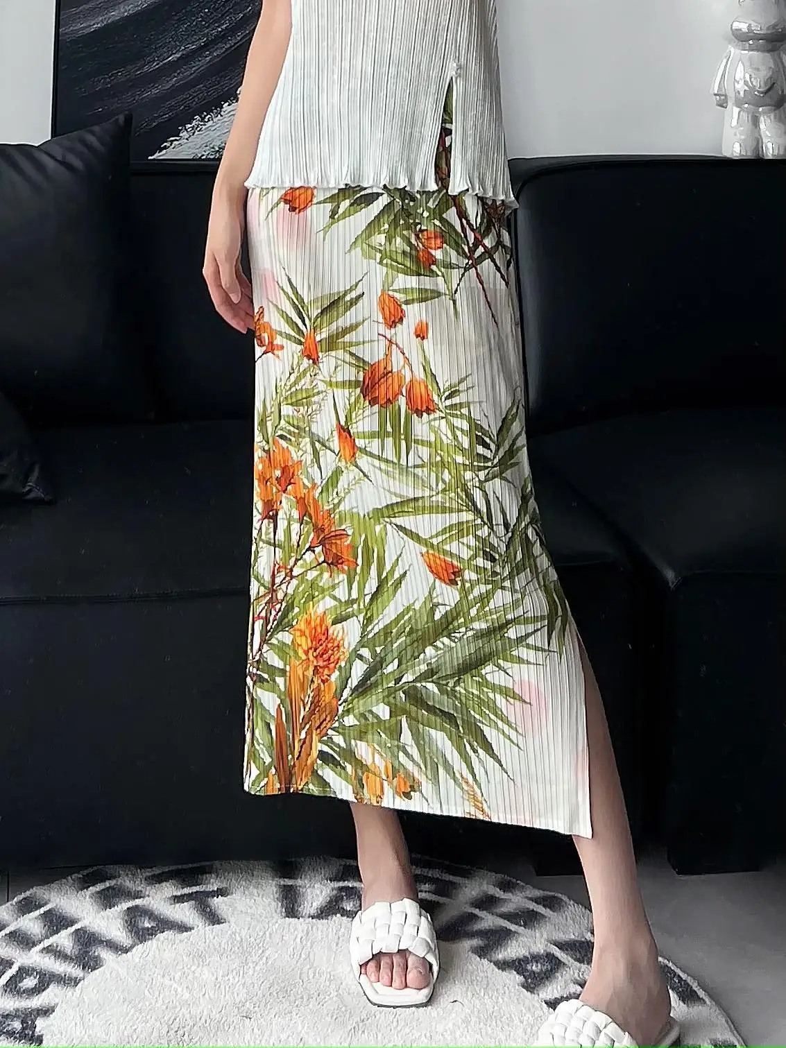 Pleats Pleated2024 Summer New High-waisted Open Thin Pleated Straight Open Skirt Printing Hundred Temperament Skirt