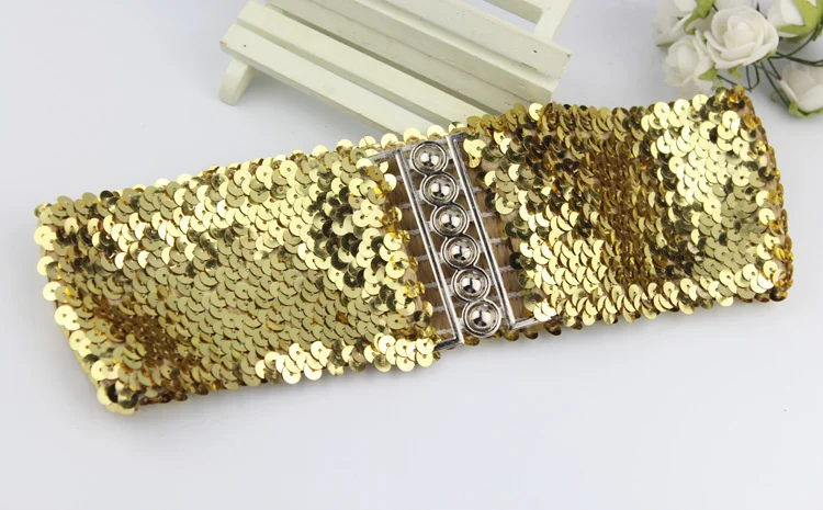 Gold Silver Color Belt Cool Punk Sparkling Sequins Elastic Stretch Wide Waistband Women Dress Waist Belt Jewelry Accessories