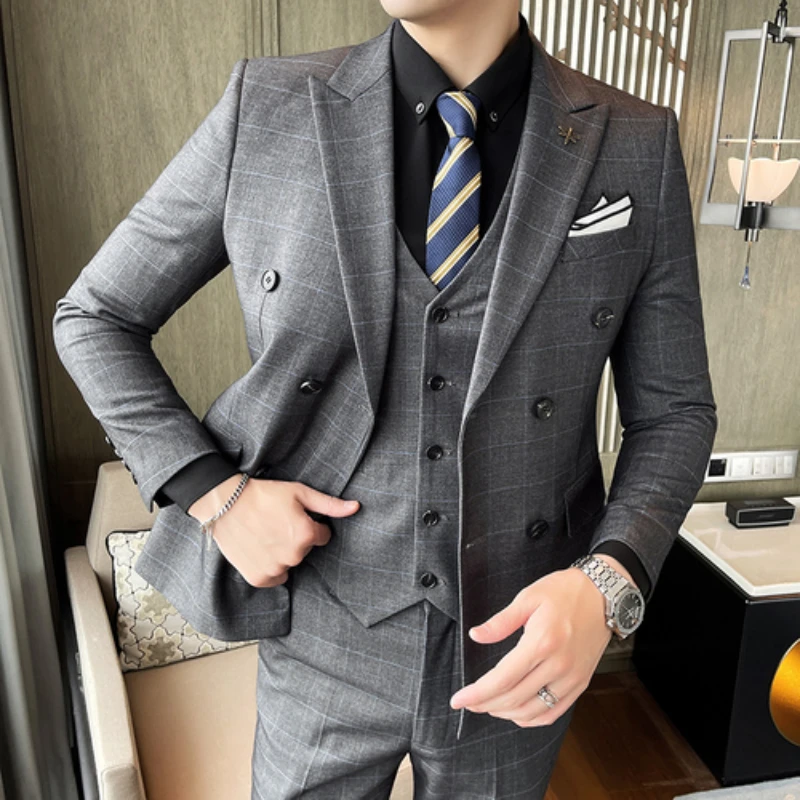 

Latest Casual Plaid Men Suit 2024 Slim Fit Double Breasted 3 Pieces Formal Business Men's Set Costume Homme (Blazer+Vest+Pants)