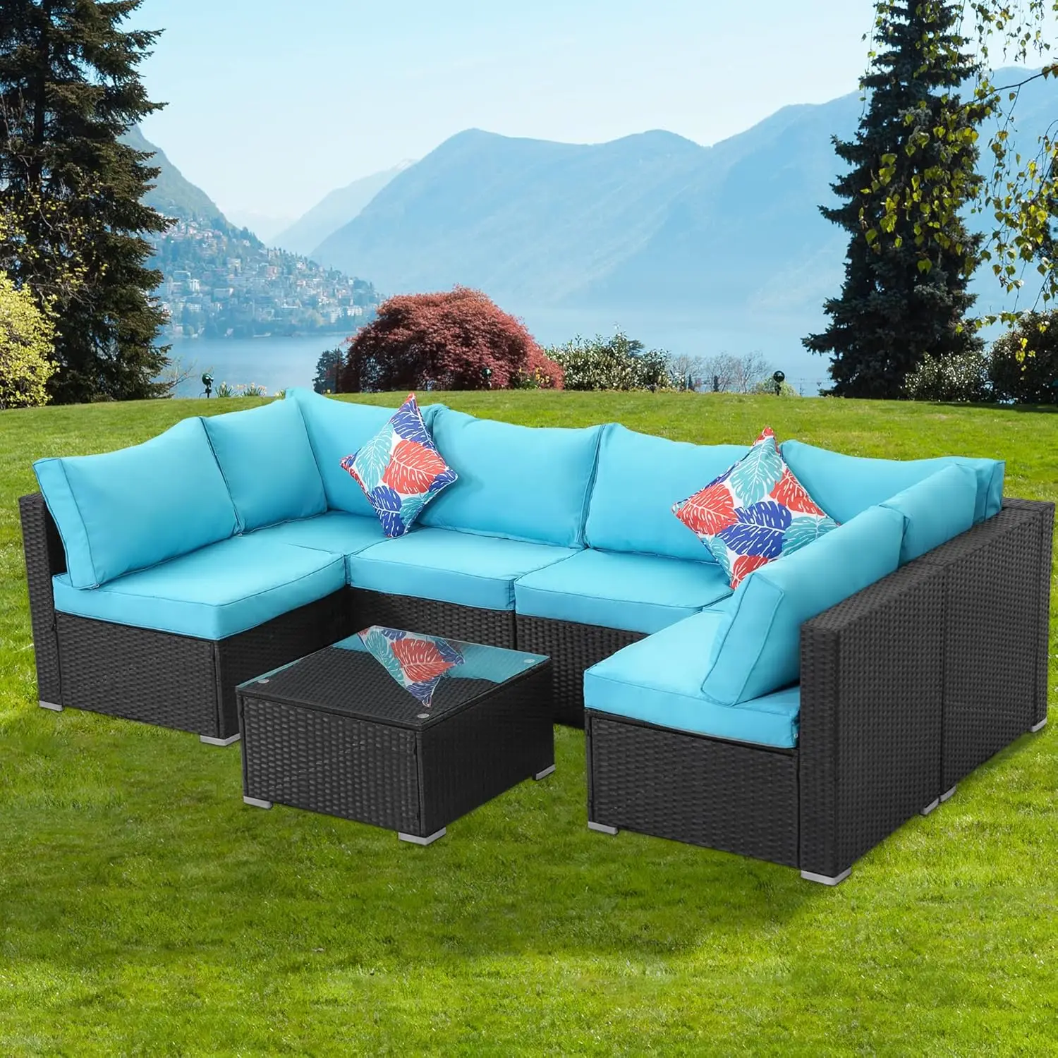 Patio Furniture Set,Wicker Outdoor Conversation Set,Rattan Sectional Sofa Set w/Washable Cushions & Glass Coffee Table