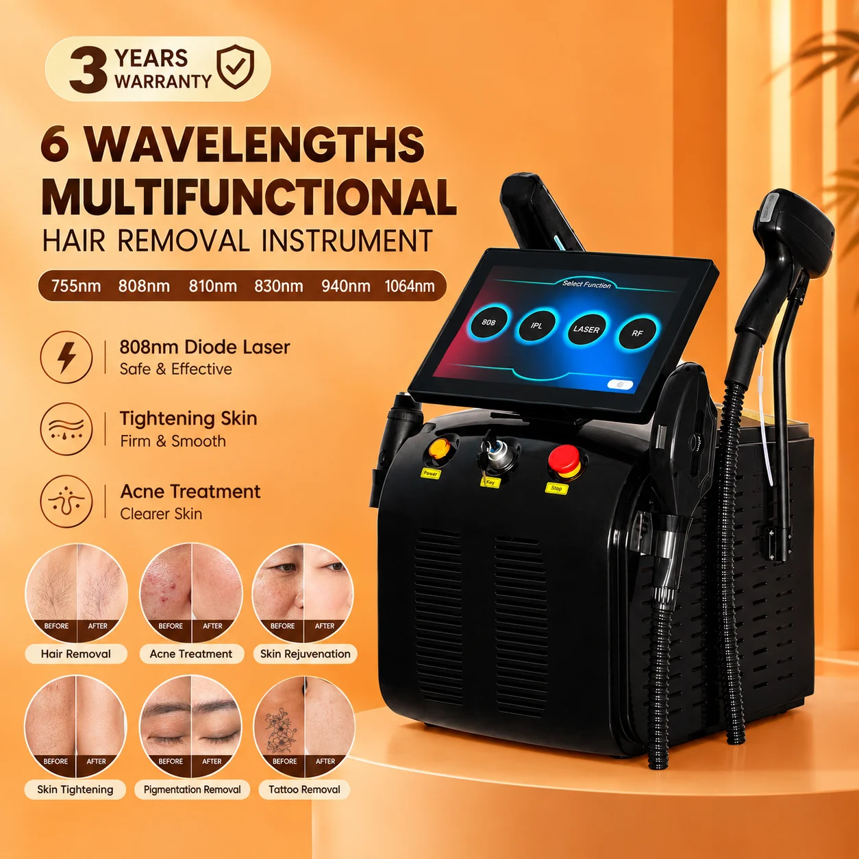 7000W 4 IN 1 Laser Machine 6 Wavelength Hair Removal Tattoo Removal FAC Pre Ignition Skin Rejuvenation Beauty Device