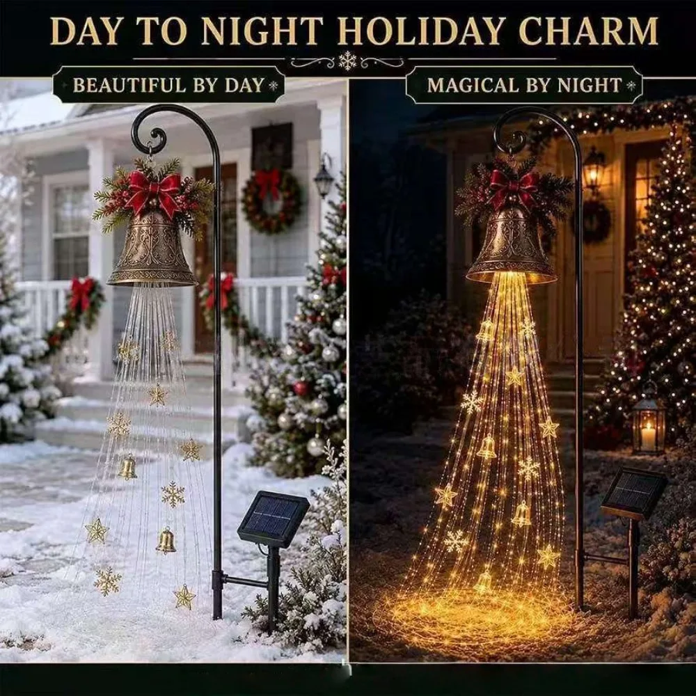 Christmas Bell Waterfall Light Solar Outdoor Garden Light LED Star Snowflake Shaped Landscape, Christmas Decoration