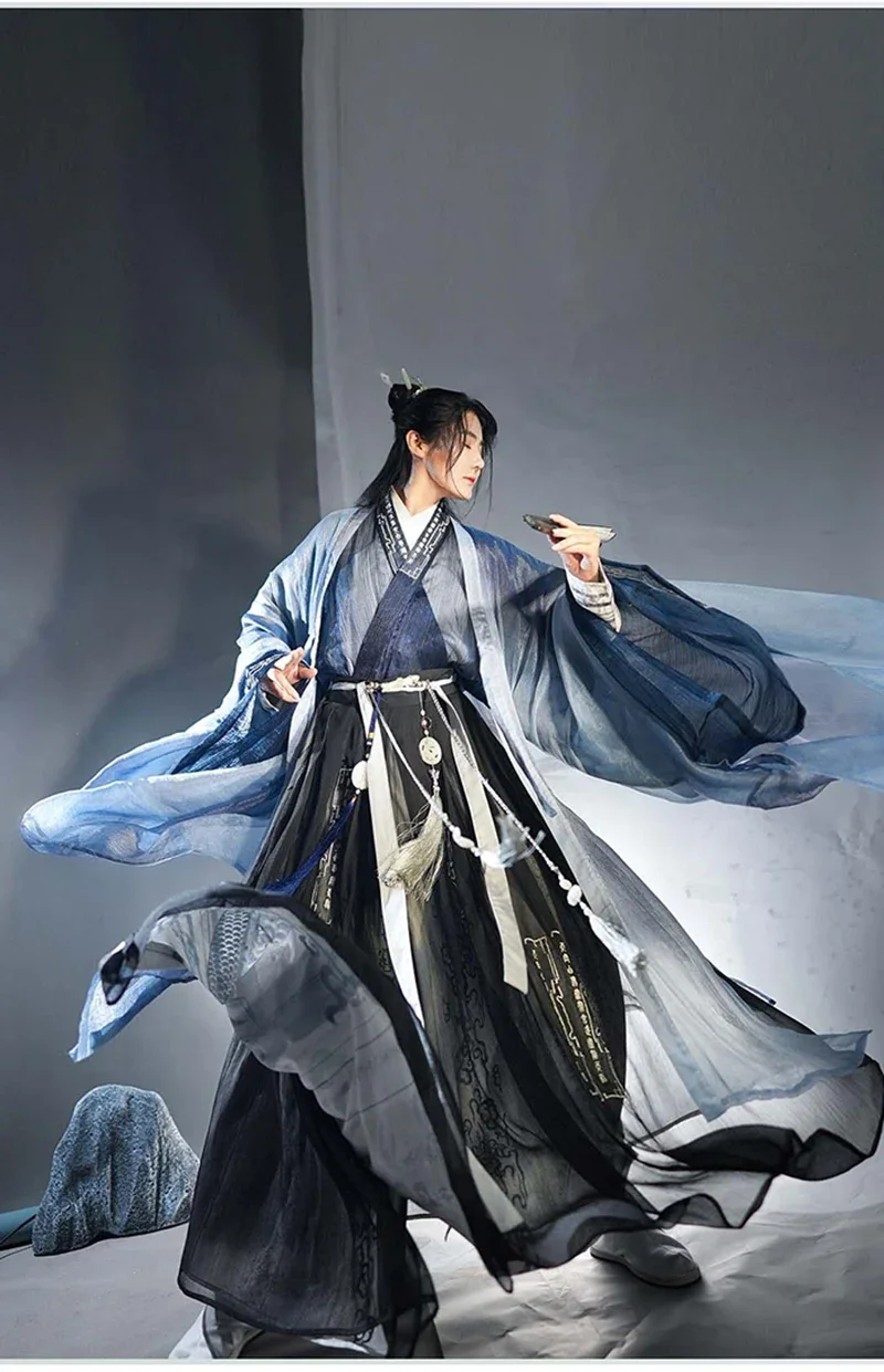 

Градиентный синий Hanfu для мужчин и женщин, старинный китайский ханьфу, черный комплект, костюм для косплея на Хэллоуин, искусственная кожа для мужчин и женщин, большие размеры 3XL