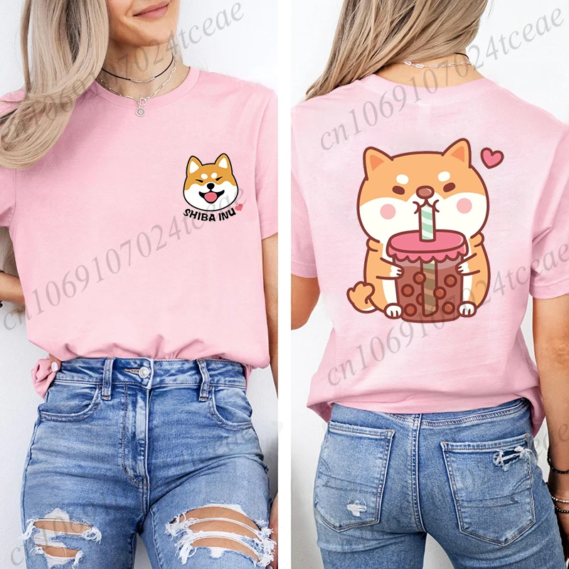 

Shiba Loves Bubble Tea Anime T-shirt for Women Fashion Summer Tees Short Sleeve Tees Harajuku Streetwear Aesthetic Casual Tops