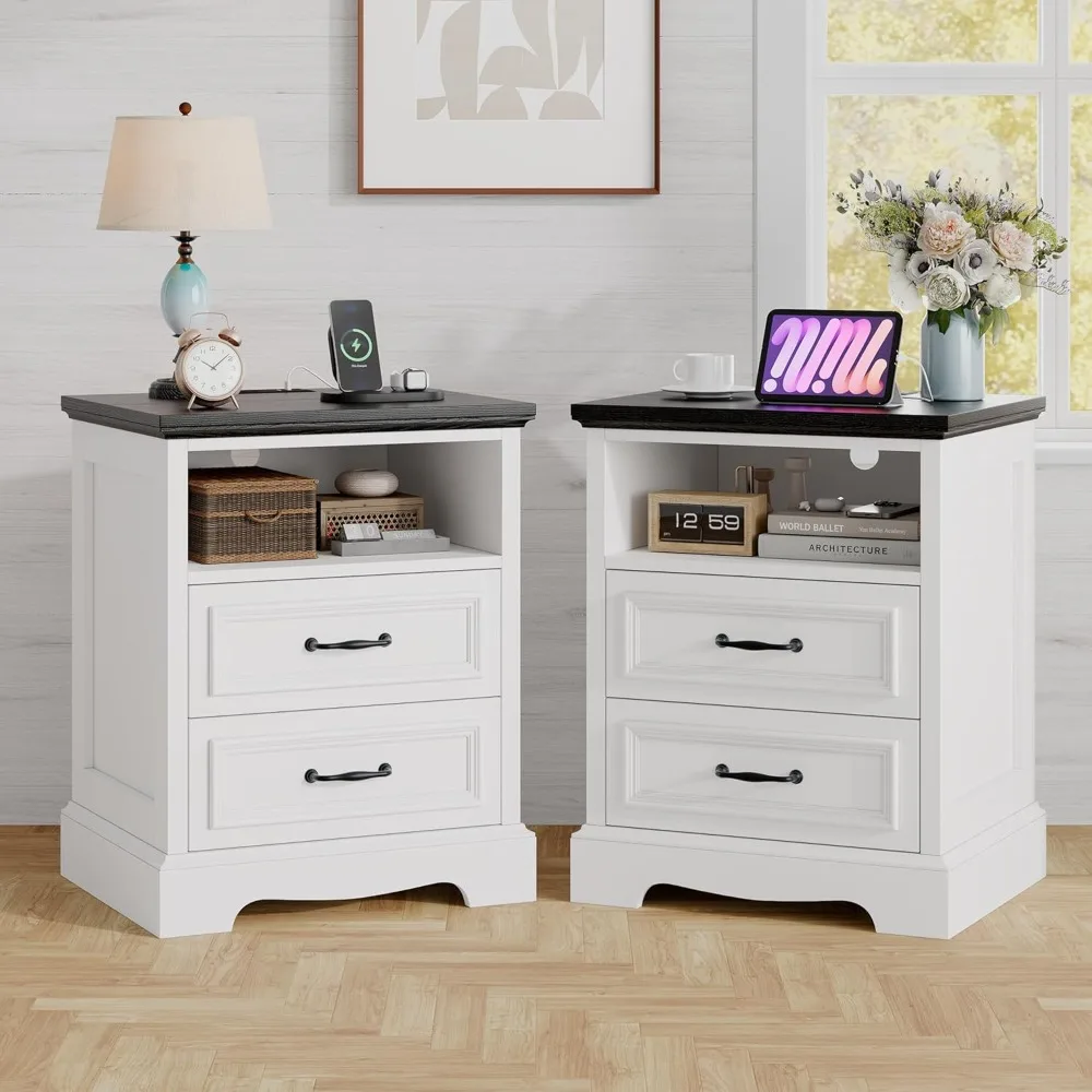 Farmhouse 2 Drawers Dresser with Charging Station, White Nightstand Set of 2 Bedside for Bedroom, Wood Small End Table