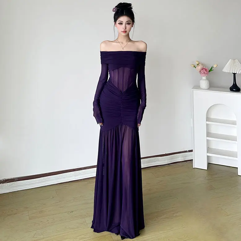 

Сетчатое платье во французском стиле с открытыми плечами для женщин с талией «рыбий кости», облегающее длинное платье русалки для горячих девушек