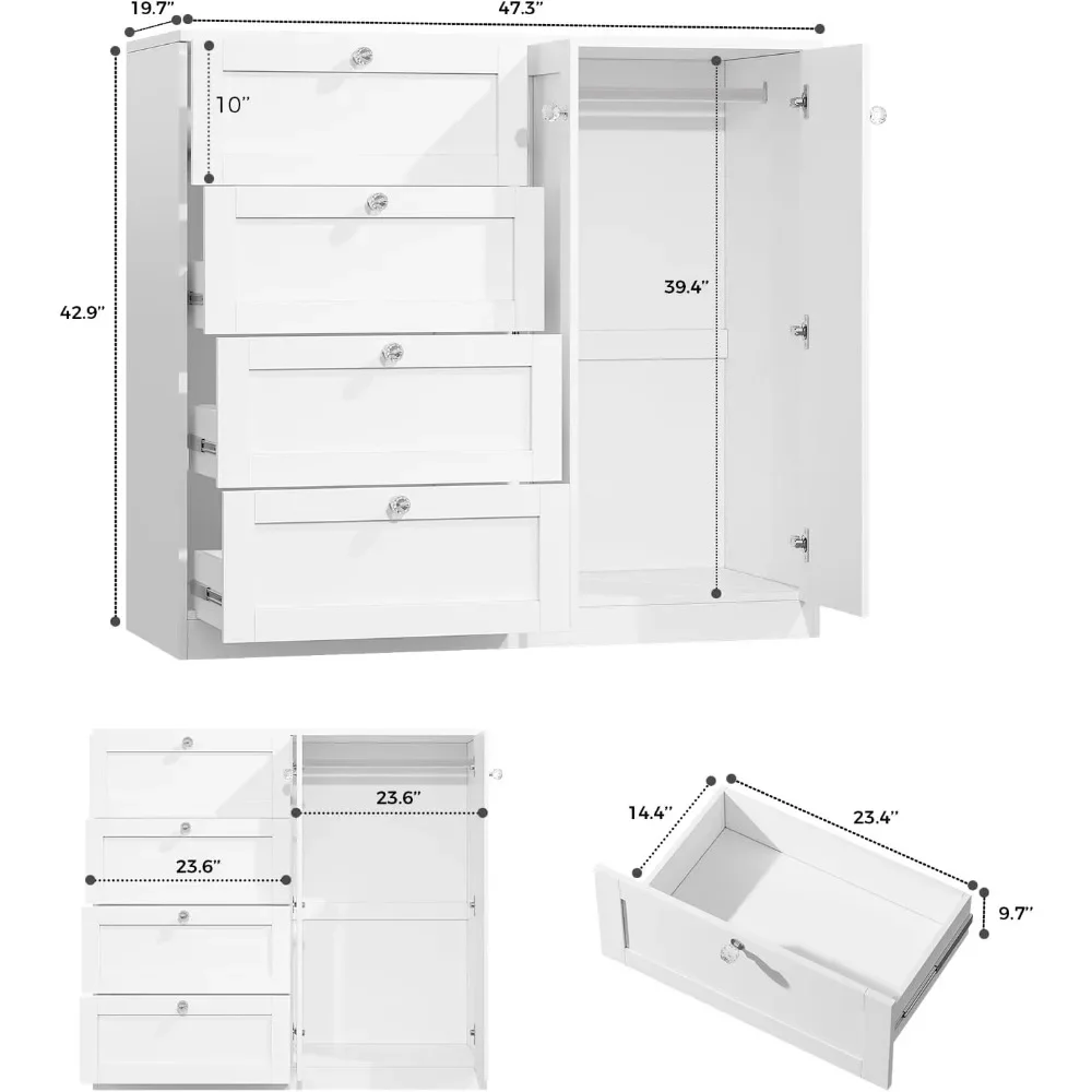 HOT Four Drawer Two Door Wardrobe Closet with Hanging Rod Compact White Cabinet for Bedroom Nursery