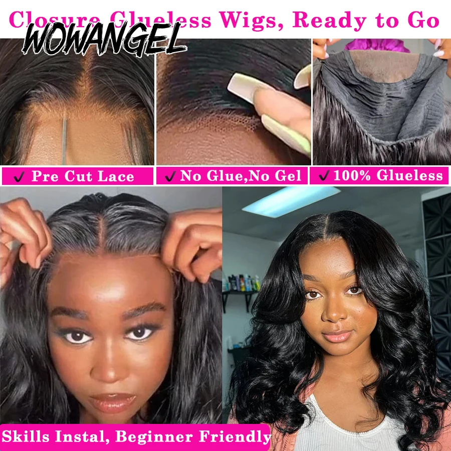 Wow Angel Pre Cut Glueless HD Lace Closure Body Wave Wigs Ready To Wear Short Bob Wig 250% Human Hair Wigs Melt Skins For Women