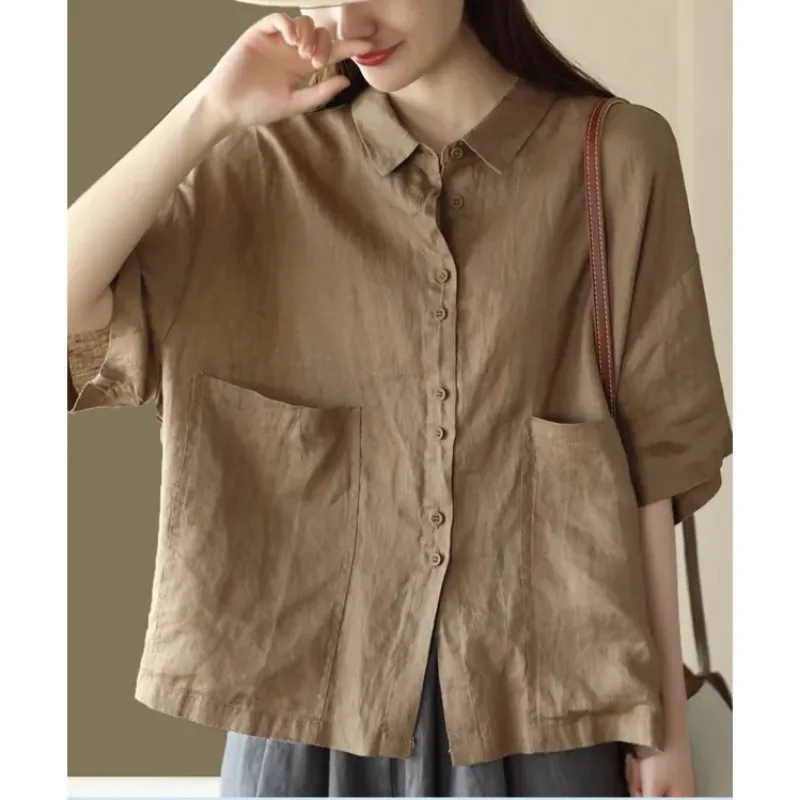 

Japanese Style Linen Shirt Women Big Pocket Loose Short Sleeve Vintage Casual Blouse