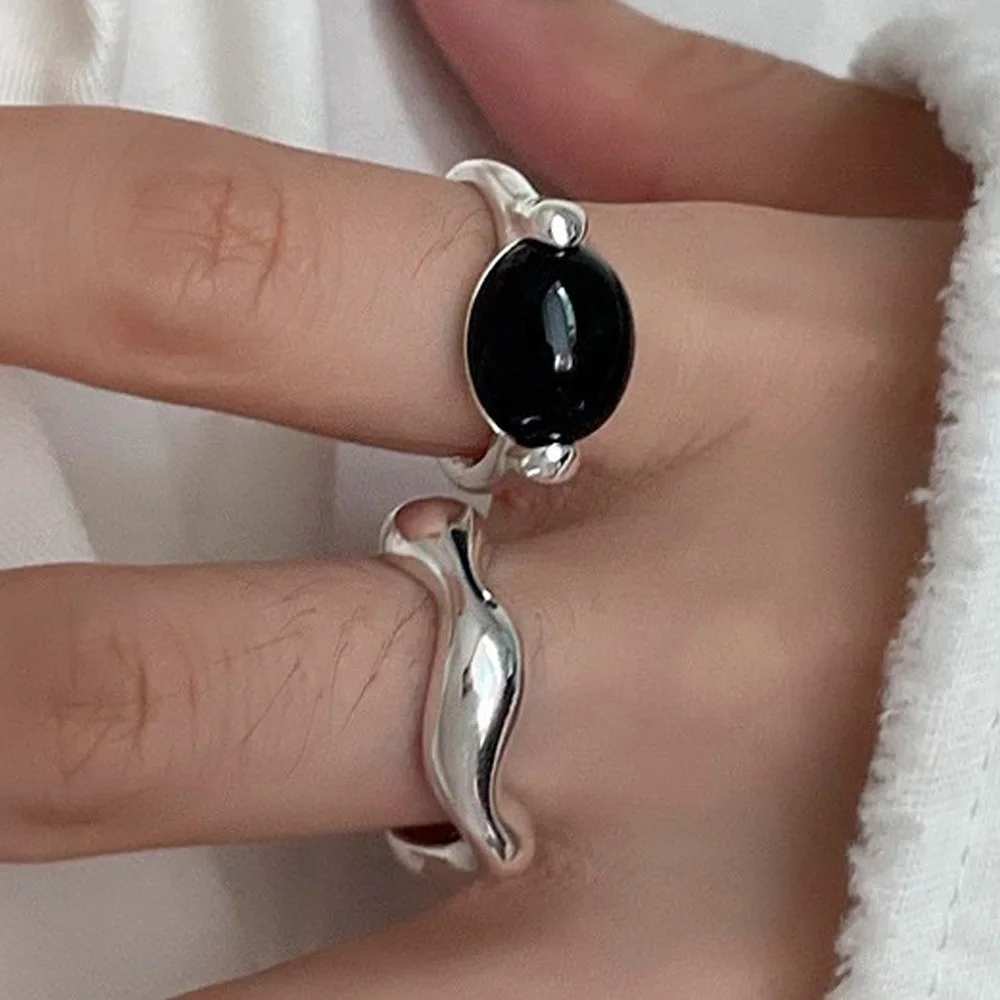 BF CLUB Silver Color Rings for Women Fashion Geometric Handmade Irregular Wave Black Stone Ring Party Christmas Gift