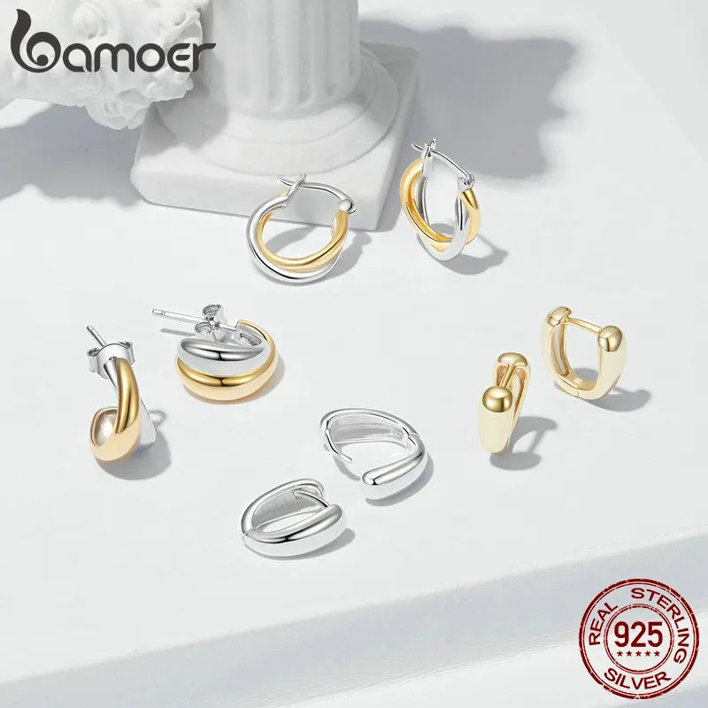 BAMOER 925 Sterling Silver Two-tone Ear Buckles Bi-color Twisted Hoop Earrings for Women Party Fine Jewelry BSE951