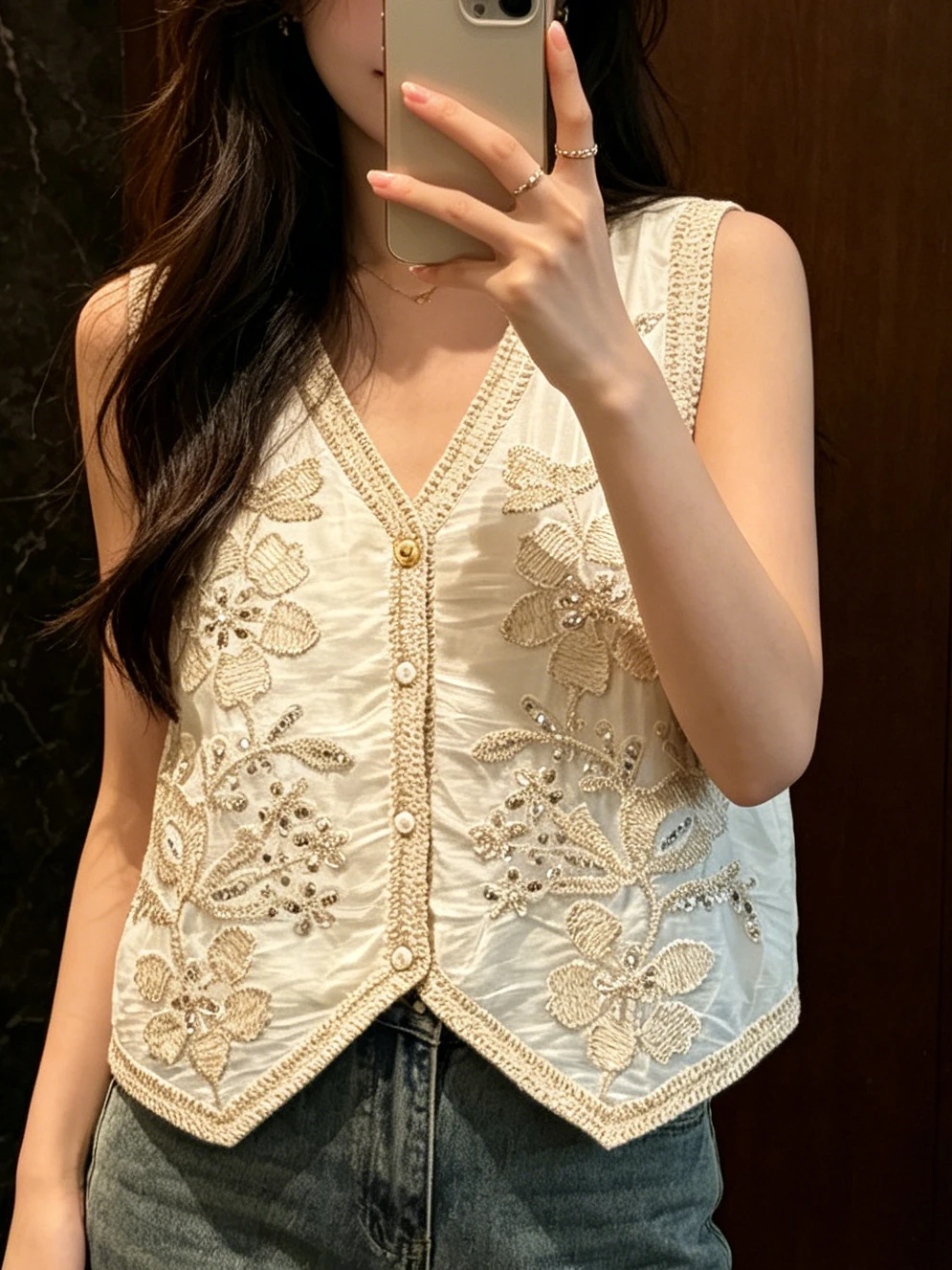 Summer New Design Large Size Cotton Sequin Embroidery Vest Women's Fashionable Layering Outerwear Top V-neck Plant Floral