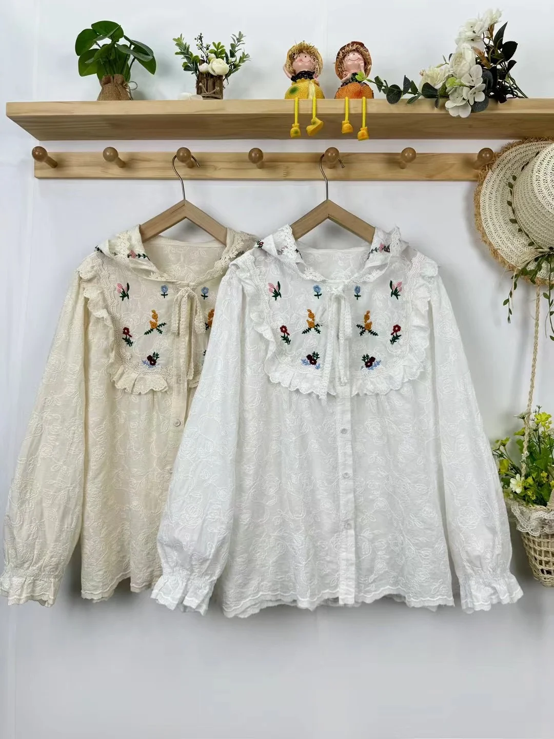 Mori kei clothing sweet hooded long sleeve lace patchwork embroidery shirts and blouses for women Japan style lace hoodies