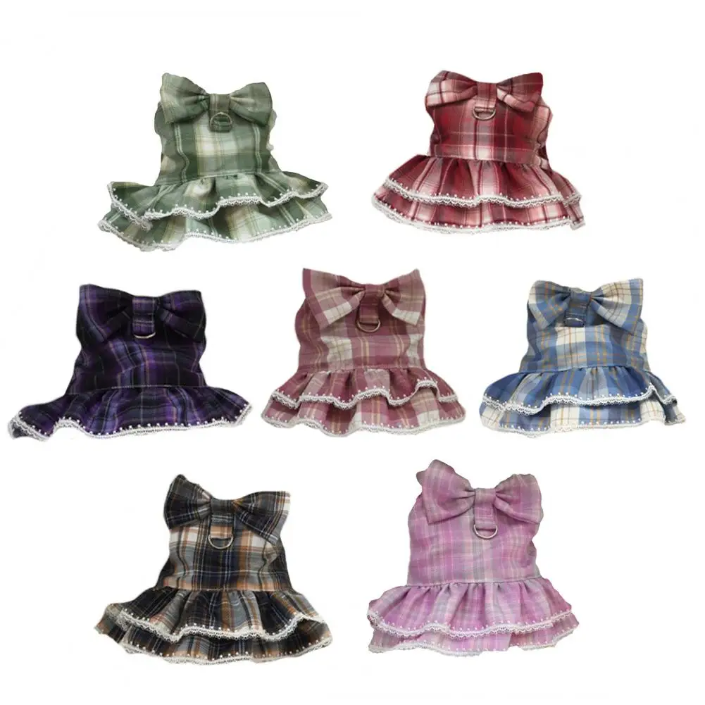 Cat Dresses Bowknot Decor Pet Leash Set Plaid Pattern Kitten Skirt With With Traction Rope Pleated Hemming Round Neck Dog Outfit