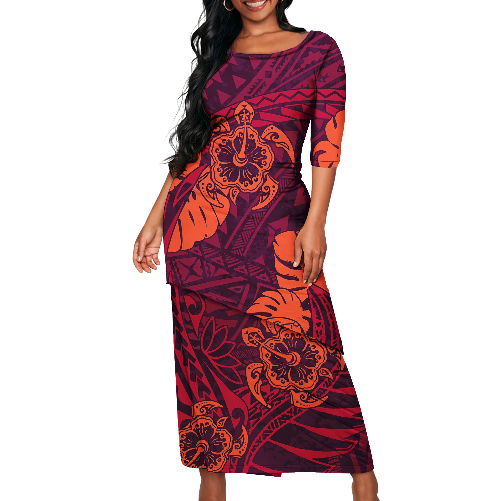 Samoan Puletasi Plus Size Women\'s Clothing Tonga Fiji Tribal Maxi Dress Asia & Pacific Island Dress 2pcs Crewneck Womens Dress