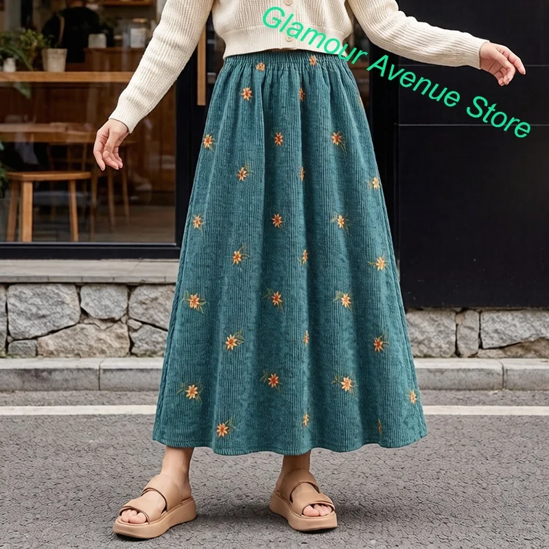 French Retro Fashion Corduroy Embroidered Temperament Skirt Women's Autumn and Winter New Versatile High Waist Slim Long Skirt.