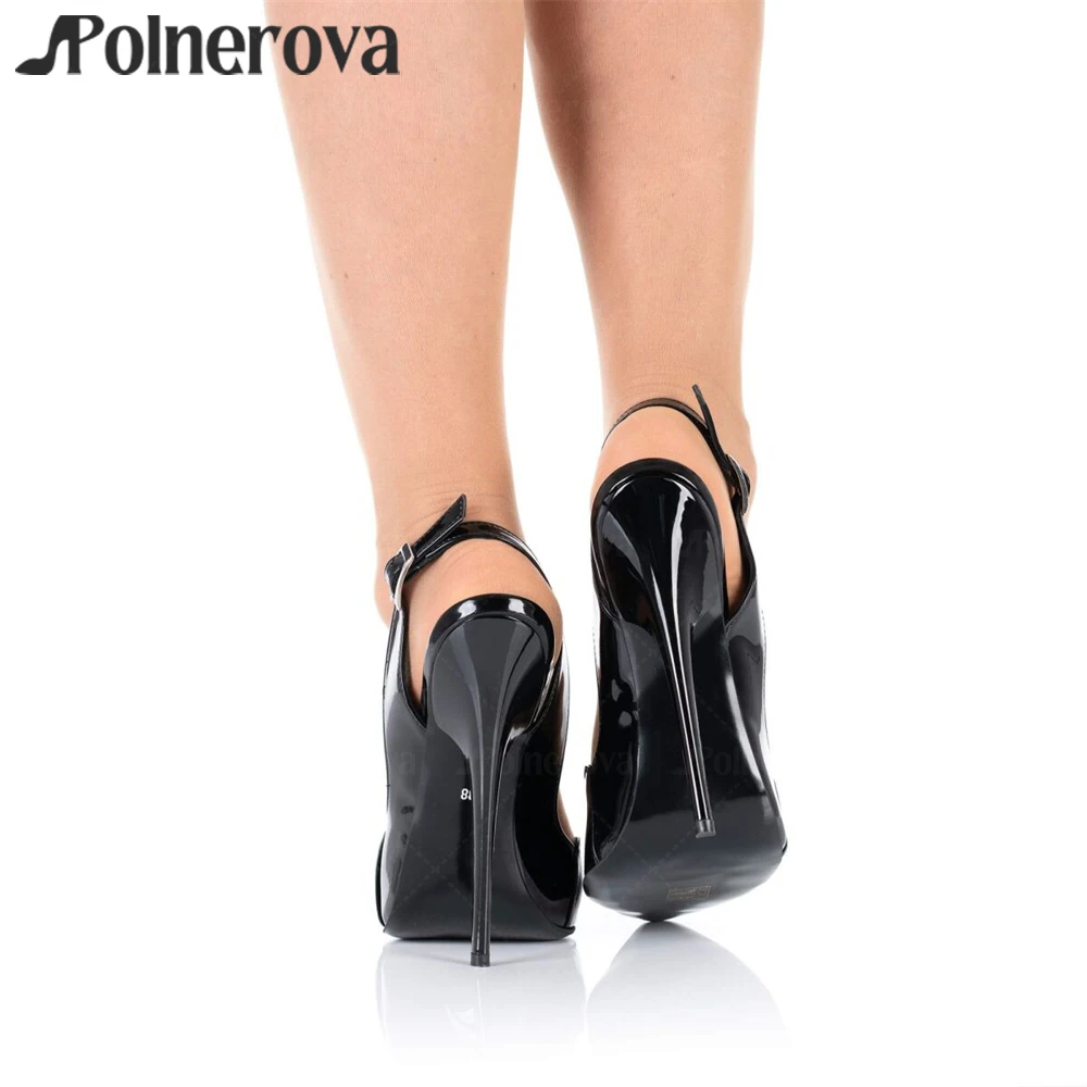 Extremely Sling Pumps Black Patent Leather Stilettos Cheeky Buckle Sexy Style Pointed Pumps Customizable Large Size High Heels