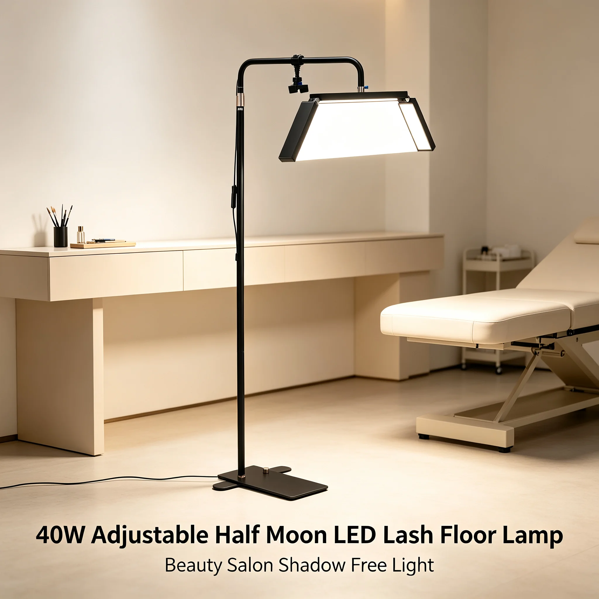 Half Moon LED Lash Light 40W, Adjustable 3200-5600K & 10-100% Dimming, 360° Rotatable Floor Lamp with Phone Holder & Remote Control, for Eyelash Extensions Tattoo PMU Salon SPA, Black