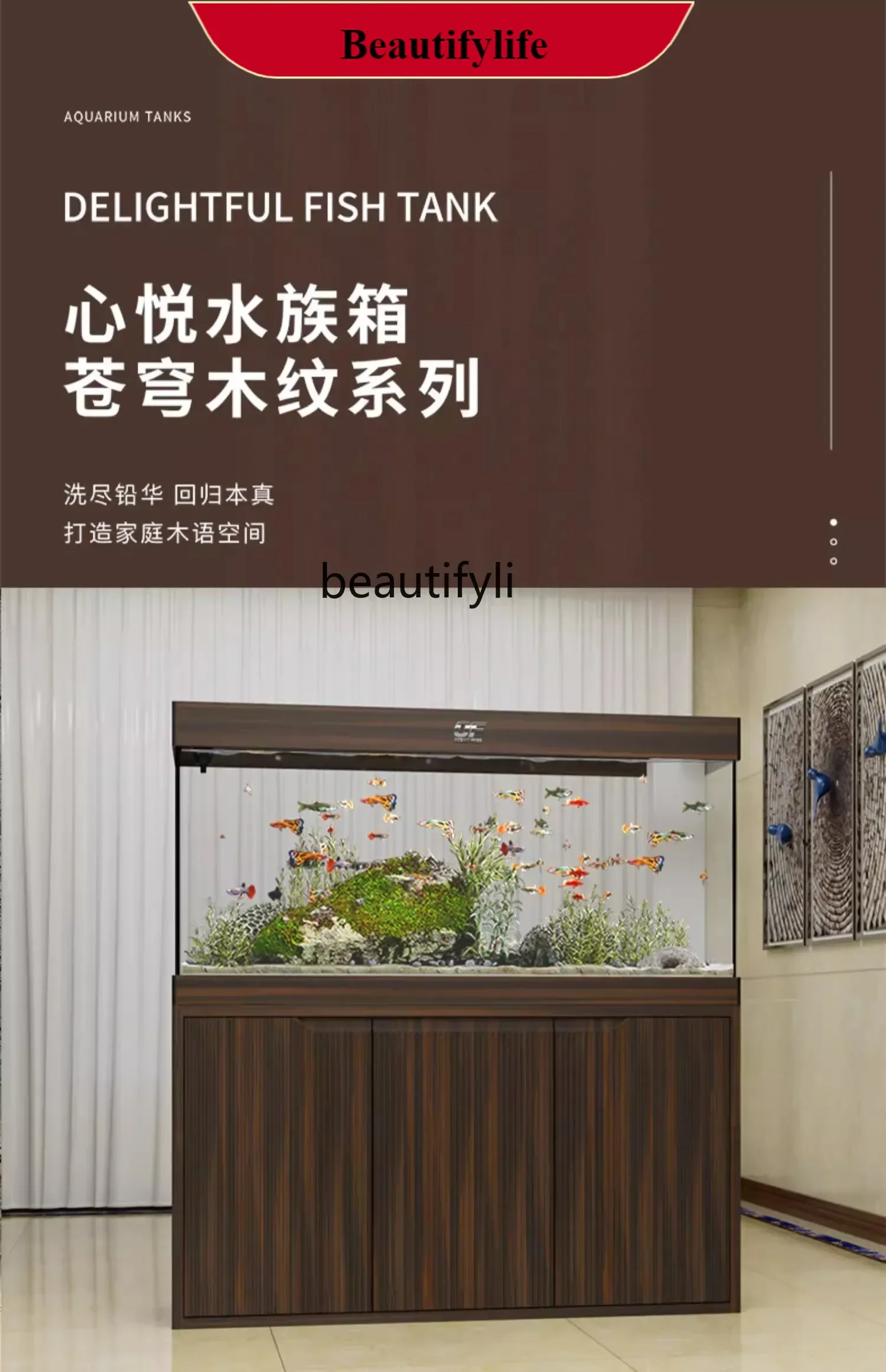 

Bottom Filter Fish Tank Living Room Large Floor Tank Solid Wood with Base Cabinet Dragon Fish Tank H