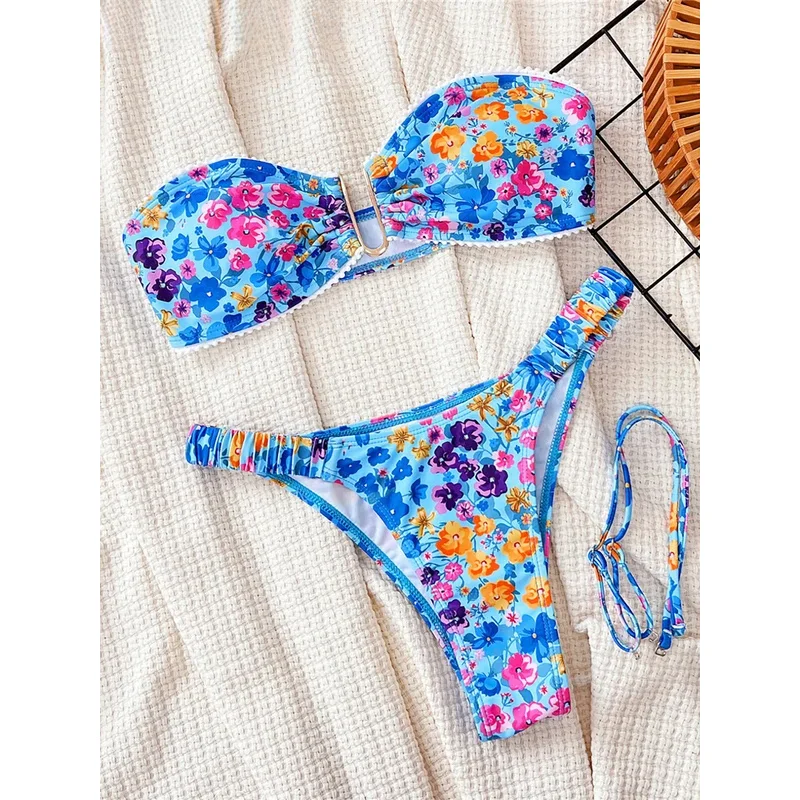 Sexy U Neck Flowers Printed Wrinkled Bikini Female Swimsuit Women Swimwear Two-pieces Bikini set Bather Bathing Suit Swim