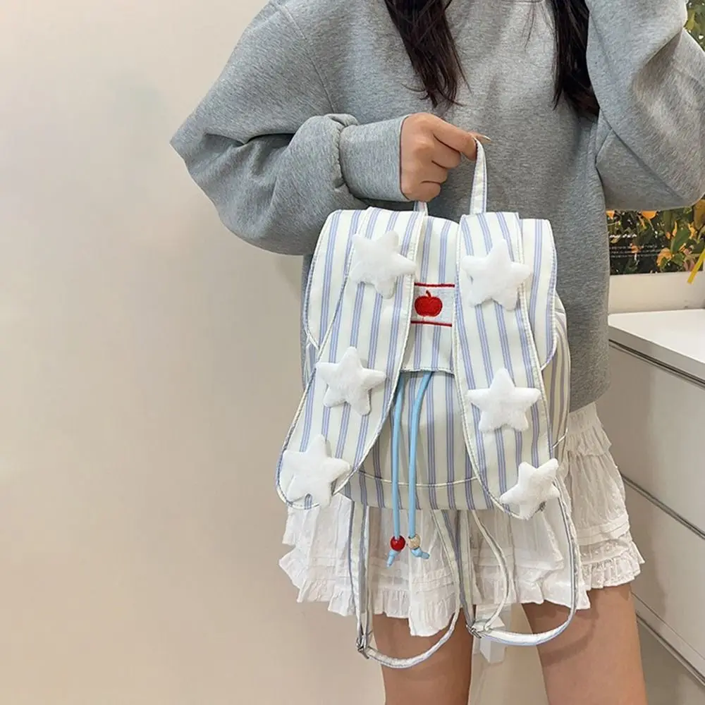 Canvas Backpack Rabbit Ear Backpack Canvas Striped Pattern Bunny Backpack Front Patch Detail Rabbit Ear Flap Striped Backpack