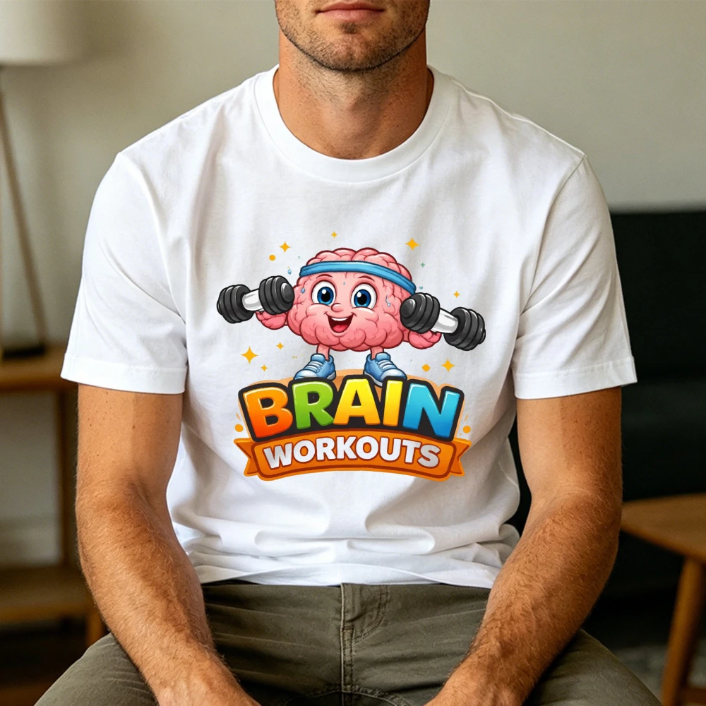 Brain Workout Cartoon Design Summer Casual Men TShirt Cotton Short Sleeve Fashion Top for Gym Fitness Gift Idea Unisex Wearable