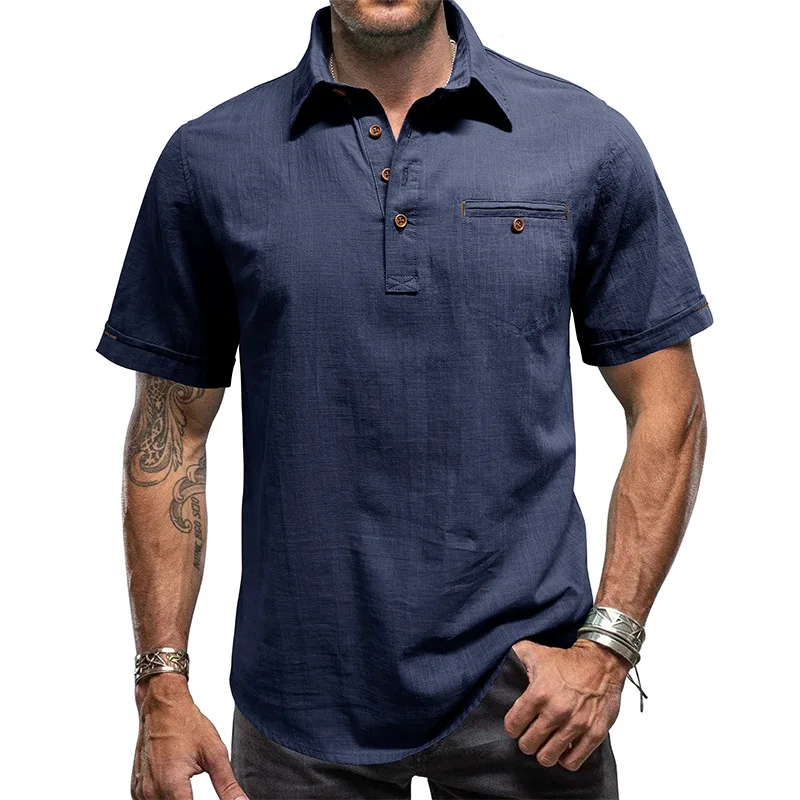 GZBC-Men's Hawaiian Short-Sleeved Beach Shirt, Lapel Cotton and Linen Shirt