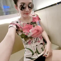 여성용 3D 꽃무늬 프린트 티셔츠, 반팔, 캐주얼 빈티지 타이트 티셔츠, O넥, 얇고 섹시한 티셔츠, #5145 여름