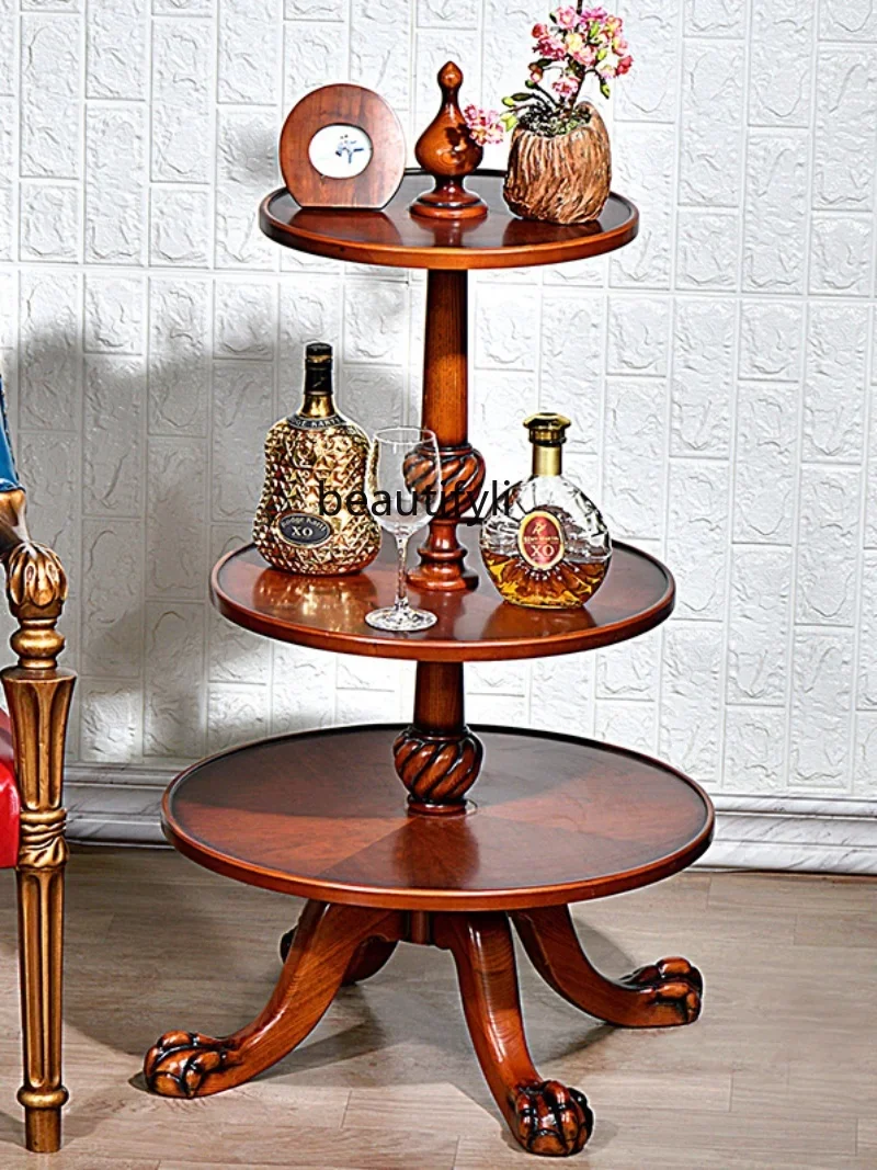 American-Style Solid Wood round Tea Table Living Room Cherrywood Side Table Multi-Layer Wine Showing Stand