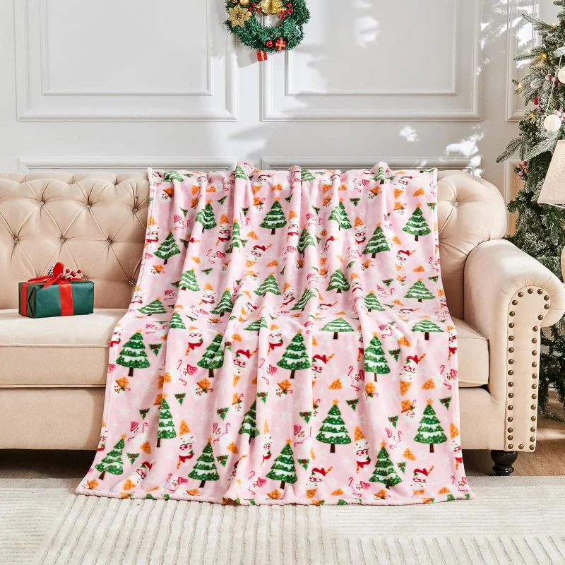 Christmas Pink Holy Theme Printed Blanket Sofa Bed Home Decoration Winter Festival Blanket 80INX60IN