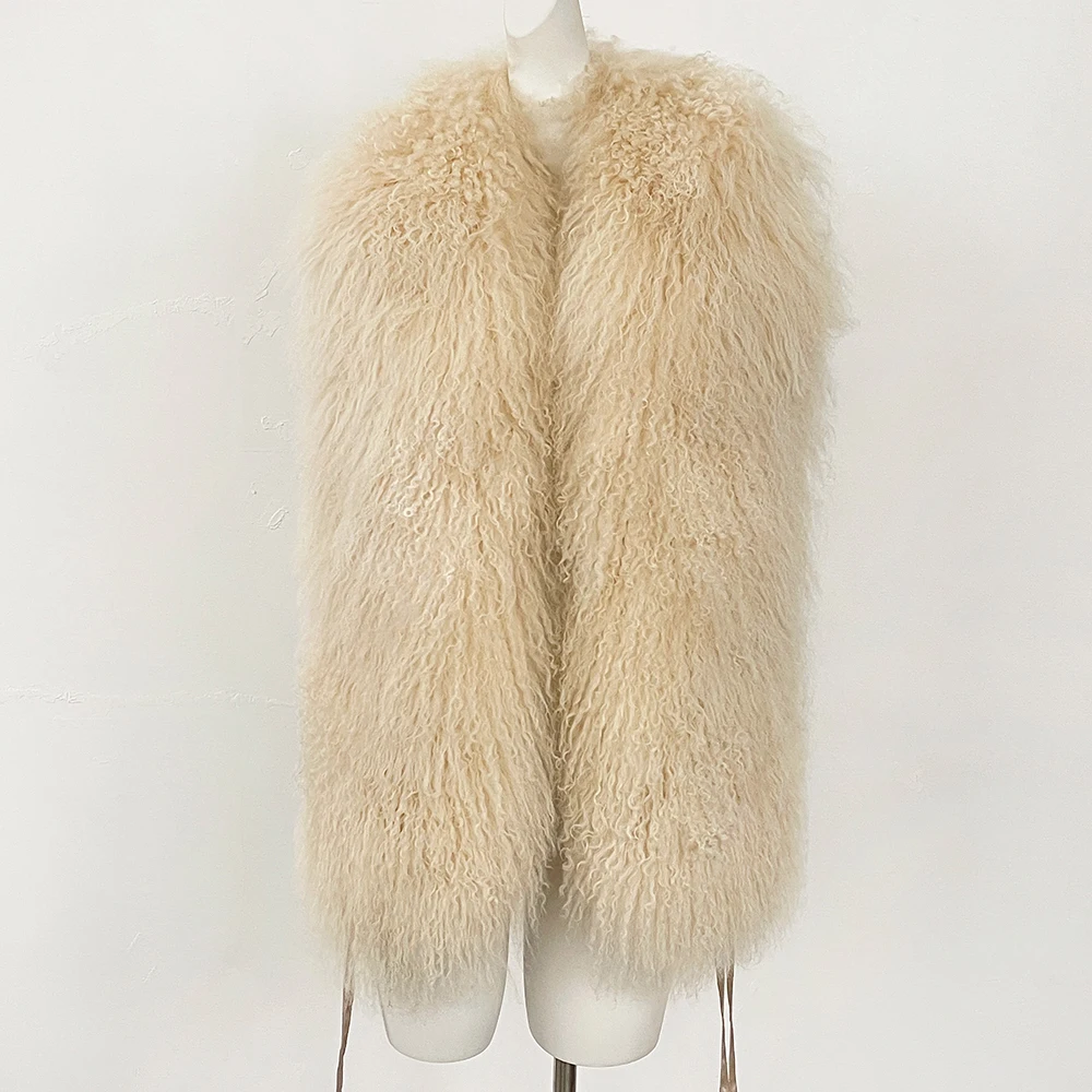 المرأة معطف الفرو المنغولي الحقيقي بلا أكمام الفاخرة الفراء رقيق شال سترات ملابس خارجية عباءة نمط شيك الإناث الواقع سترات من الفرو #5