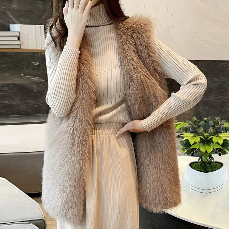 Outono inverno nova moda feminina elegante luxo casual na moda sem mangas cor sólida coletes de pele do falso casacos femininos roupas topos