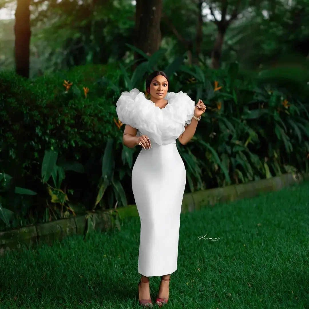 Customized Short Wedding Dresses Puffy Shoulder Ankle Length Bridal Gowns African Vestidos robes de soirée for Bride