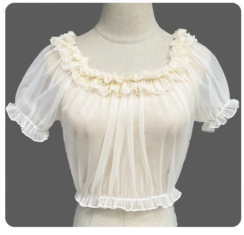 Japanese New Lolita Lace Shirt With Short Mesh Versatile Daily One-word Shoulder And Light Bottoming Top Blouse Women's Clothing