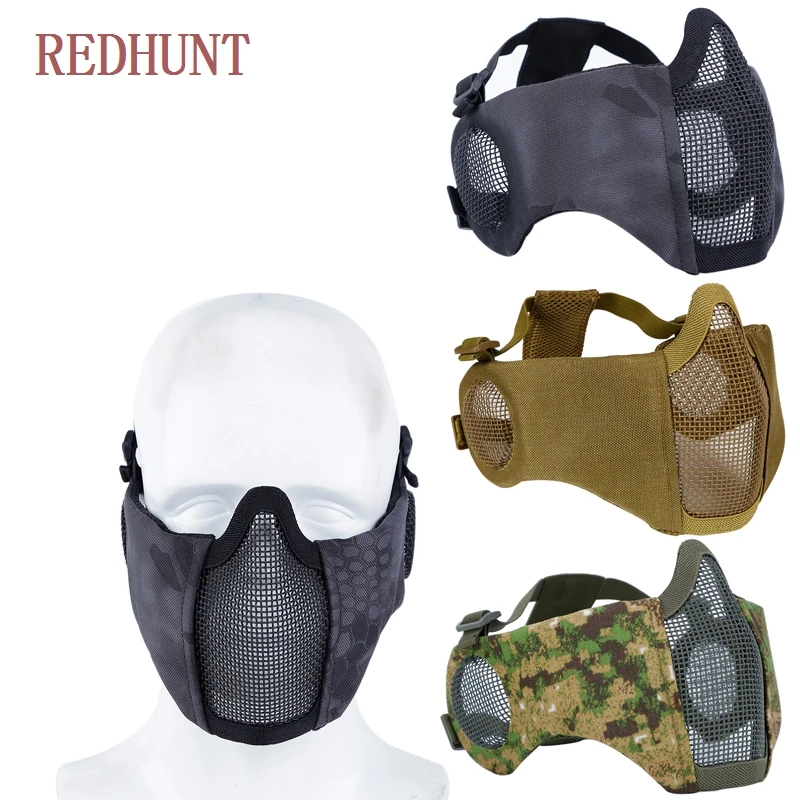 Upgraded Tactical Foldable Carbon Steel Half Face Mask Military Paintball Ear Protective Mask Utility Airsoft Mesh Masks