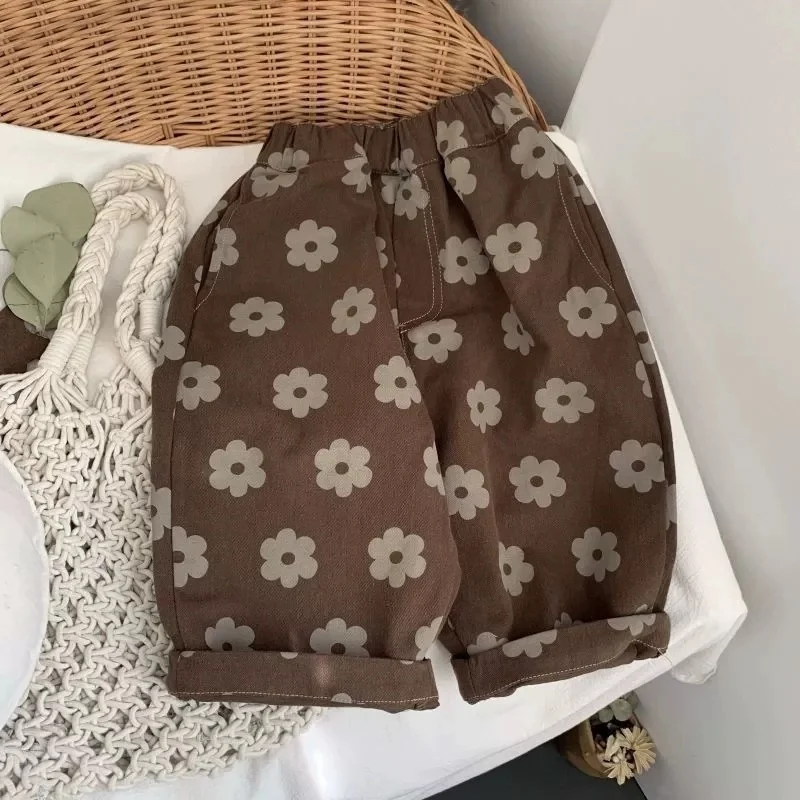 

2026 Baby Girl Retro Flower Loose Pants Fashion Comfortable Breathable Cotton Trousers Toddler Boy Autumn New Arrival Pants