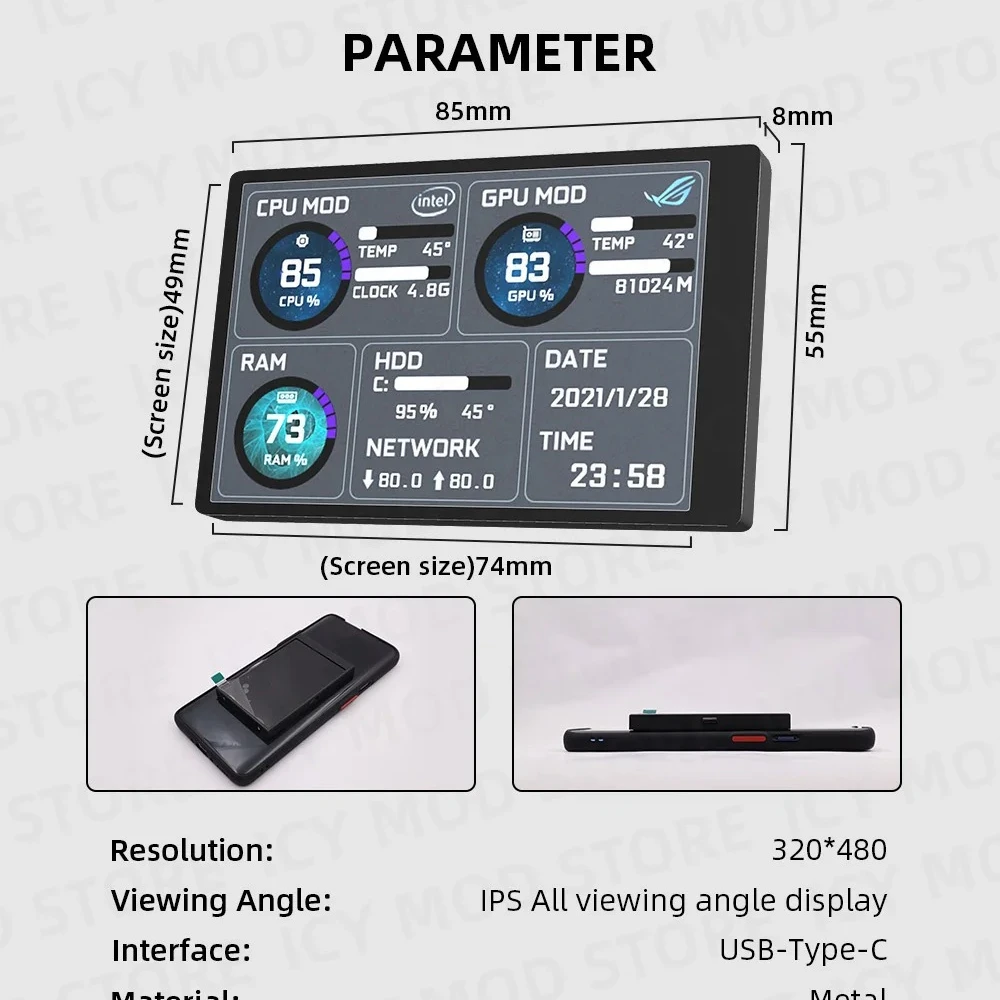 

3.5 Inch LCD Monitor Metal Shell PC Secondary Screen 320*480 Mini IPS PC Gaming DIY Temperture DATA Detector Tela Monitoramento