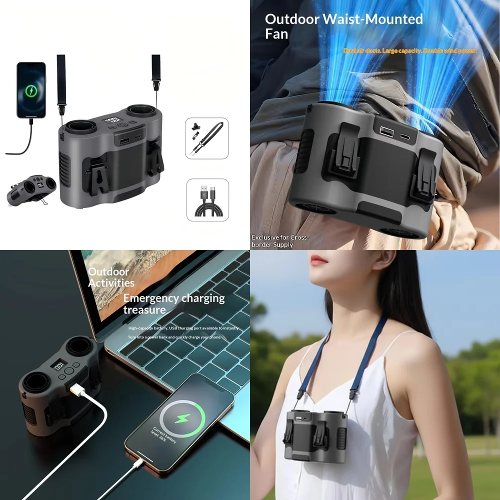 

2026 New Dual Vents Waist Hanging Clip Fan for Portable Neck Cooling Outdoor Use with 20000mAh Power Bank Hands Free