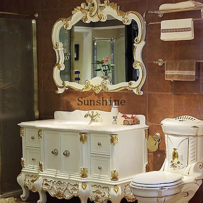 

European bathroom washbasin combination, oak floor-to-ceiling bathroom cabinet