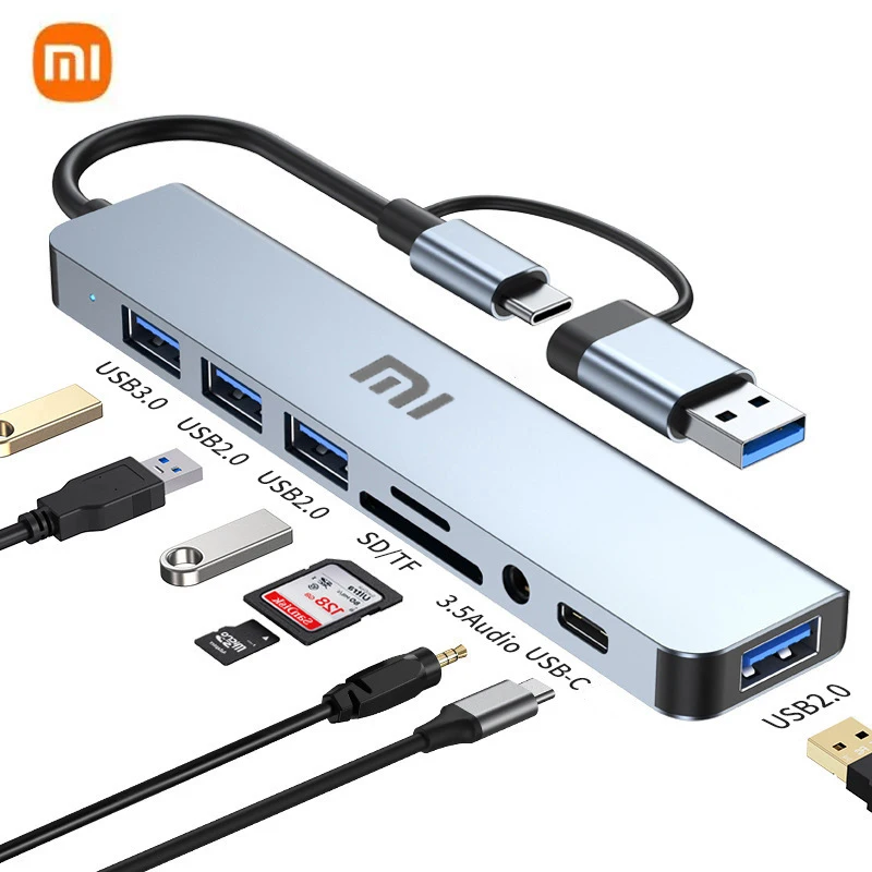 

Док-станция Xiaomi USB 7 в 1, Тип C, совместимая с Gigabit Ethernet, USB-хаб, TF 3,5, аудиопорт для MacBook, аксессуары для ноутбуков