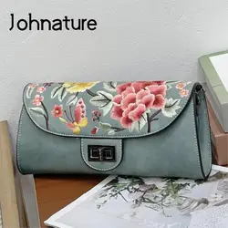 Johnature Chinese Style Embroidery Crossbody Bags For Women 2024 New Vintage Elegant Versatile Leather Shoulder Bags