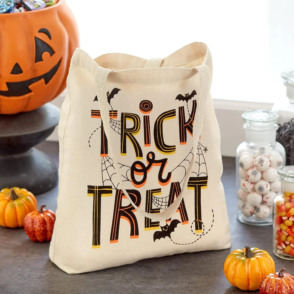 Large Halloween Trick or Treat Bats and Spiders Tote Bag Reusable Canvas Bag Trick or Treating Grocery Shopping Party Supplies