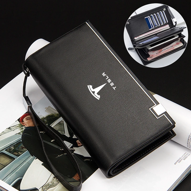 Men\'s Long Litchi Print Wallet Multi-function Card Bag Coin Purse Gift For Tesla Model 3 Model S Model X Model Y Roadster