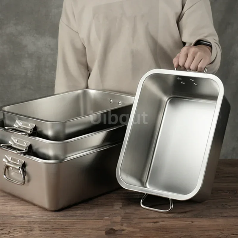 Bandeja de metal con placa de acero inoxidable 304 con asa, plato cuadrado para hornear, barbacoa profunda, almacenamiento de barbacoa, bandejas de comida, lavabo para servir
